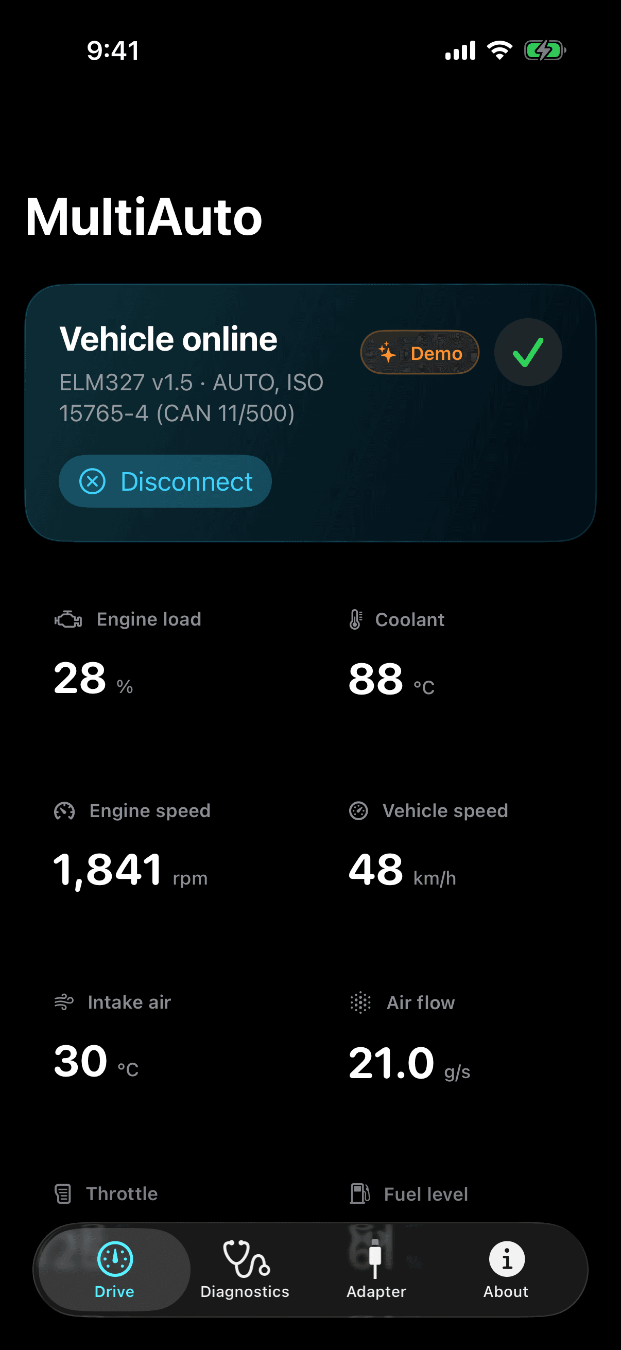 MultiAuto live data screen showing a clearly badged demo vehicle and current engine readings